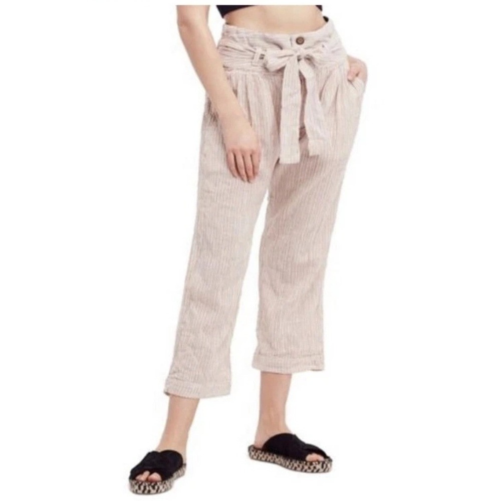 Free People Striped Trousers Womens 6 Tan White Excellent High Rise Tie Waist